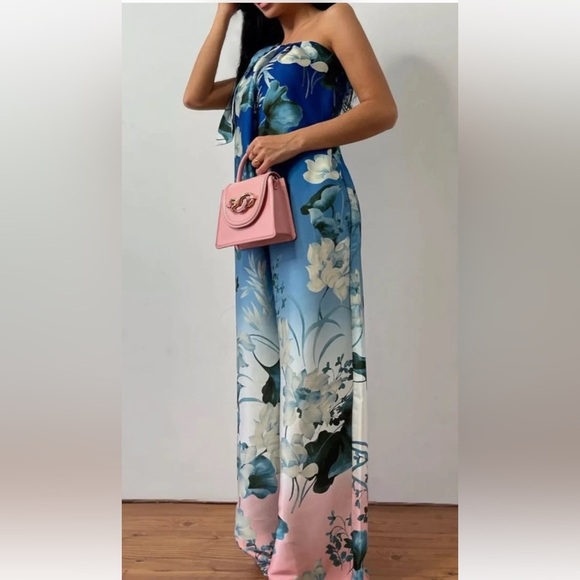 NWT ZARA Blue Floral One-Shoulder Wide Leg Jumpsuit XS - Picture 2 of 16